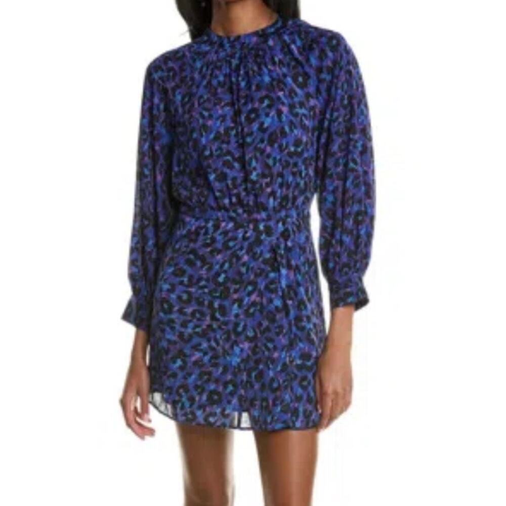 ba&sh Blue Leopard Print Long Sleeve Mini Dress